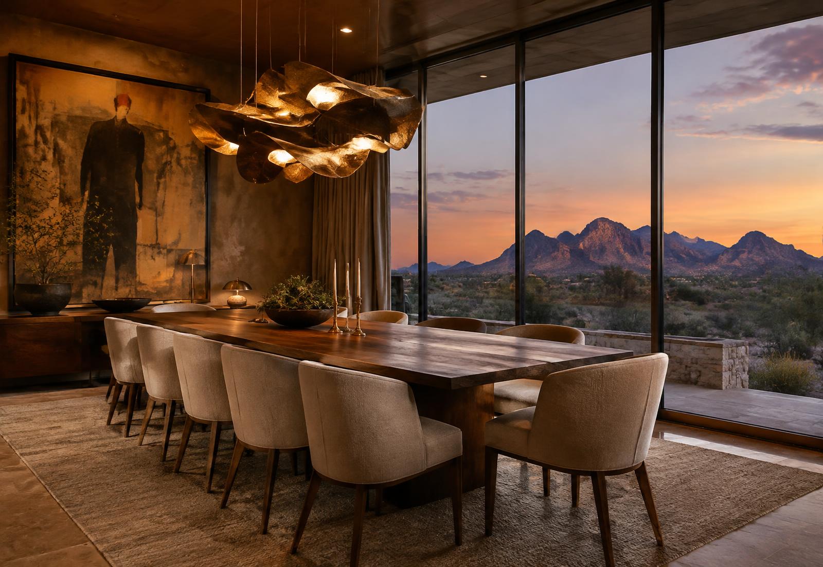 Dining room with sculptural chandelier and desert sunset view
