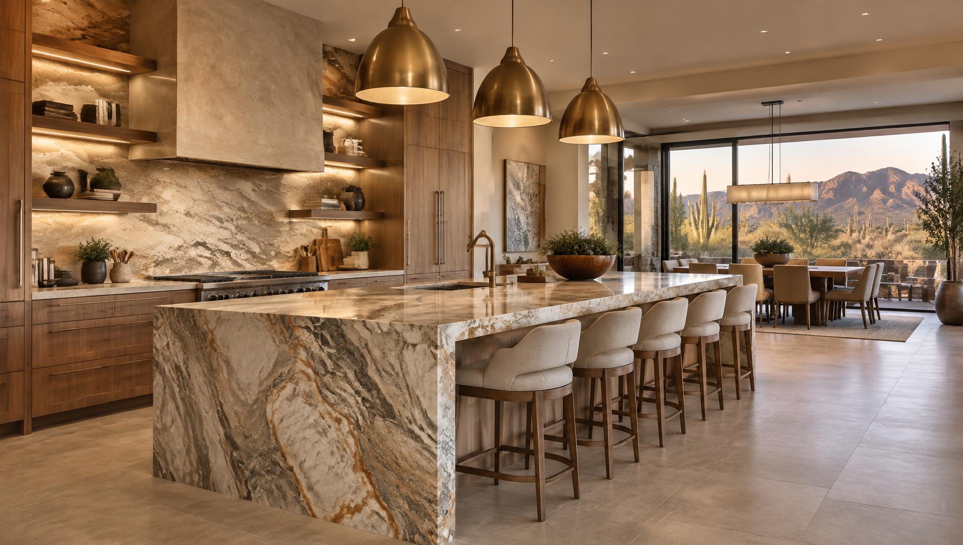 Luxury kitchen with oversized stone island and designer pendants