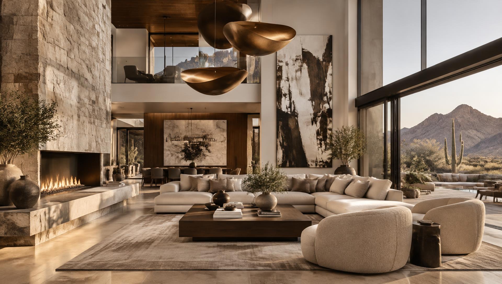 Grand living room with mountain views and stone fireplace