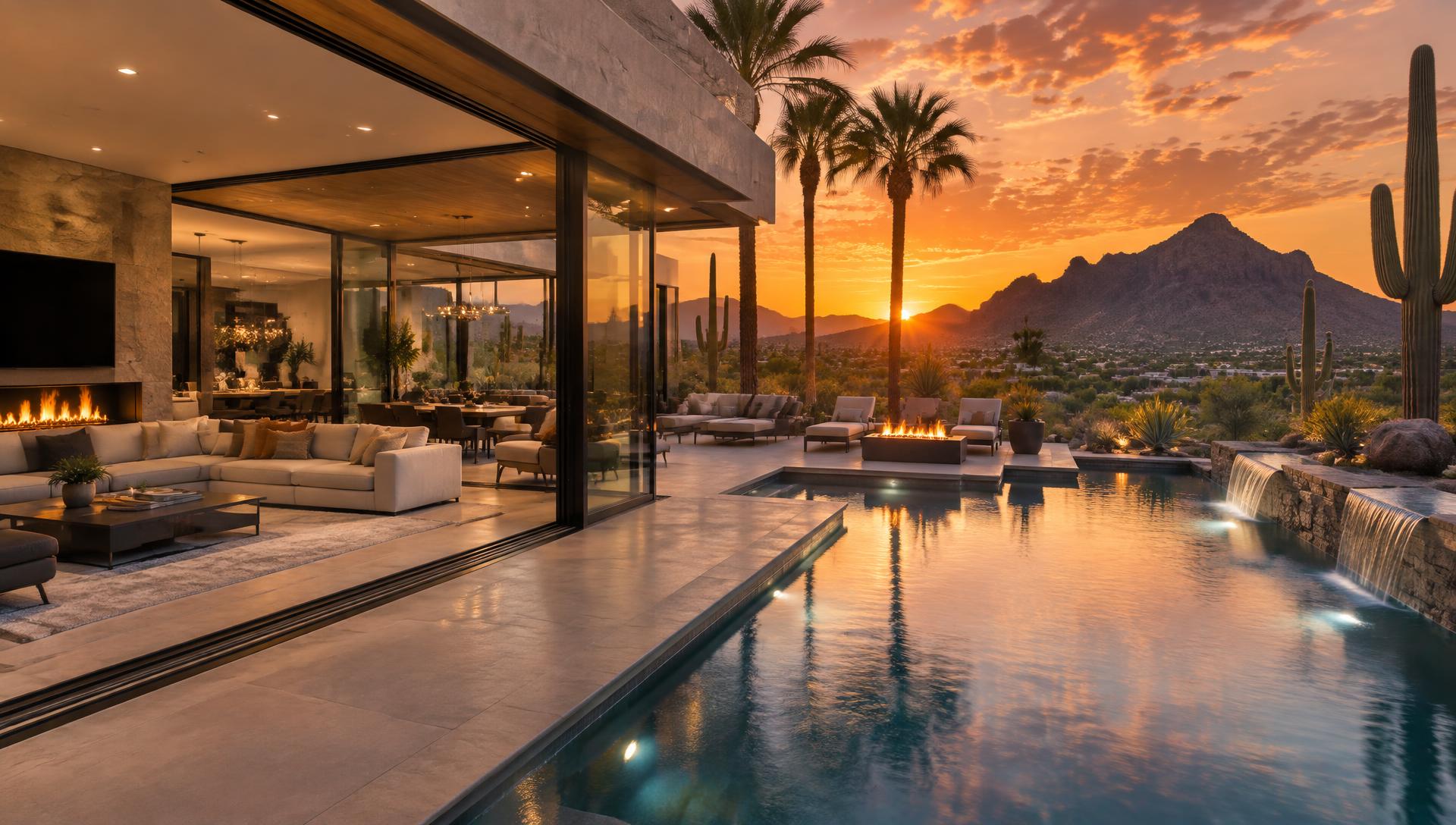 Indoor-outdoor living opening to a resort-style pool at sunset