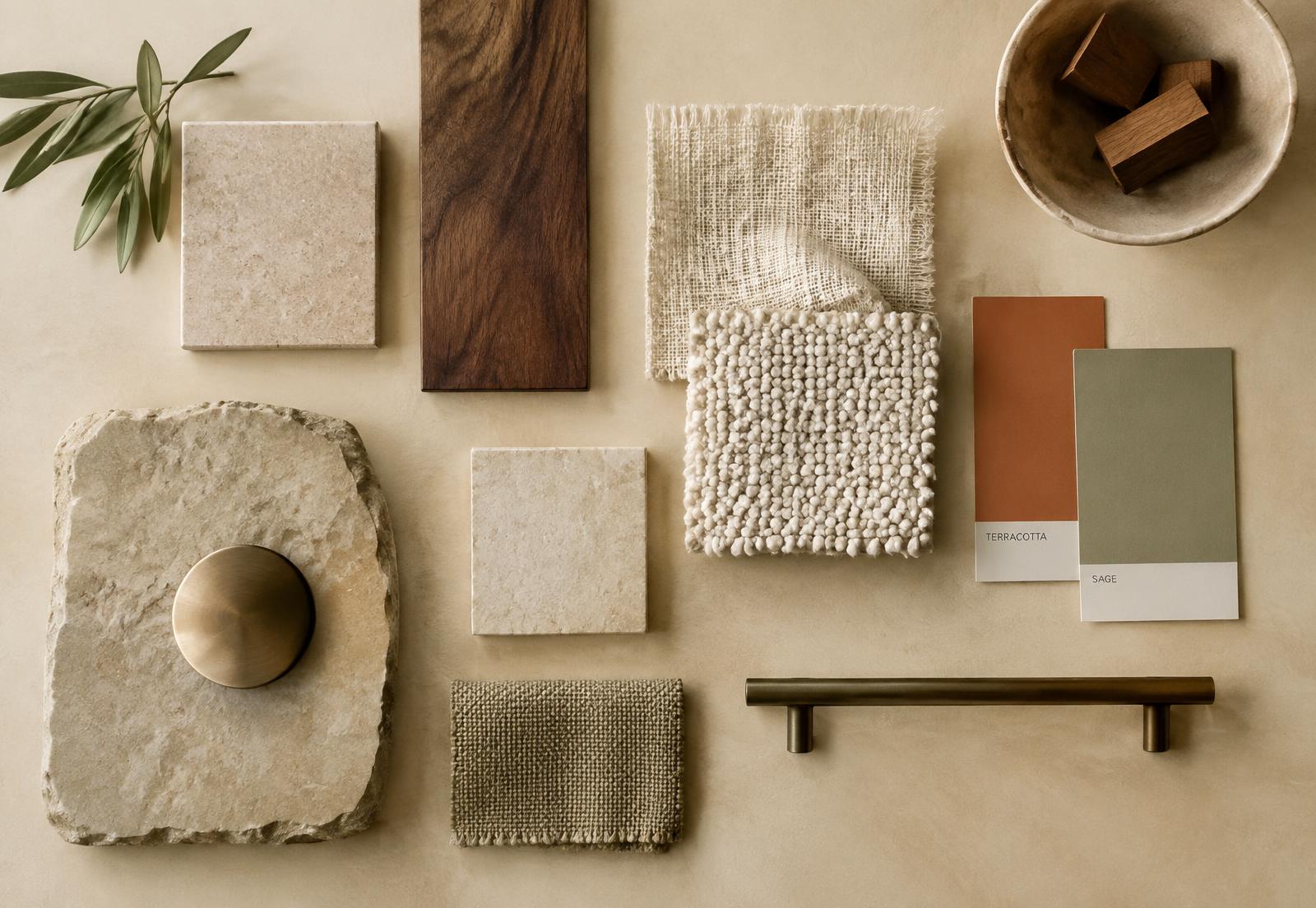Interior design mood board with stone, walnut, linen and bronze finishes