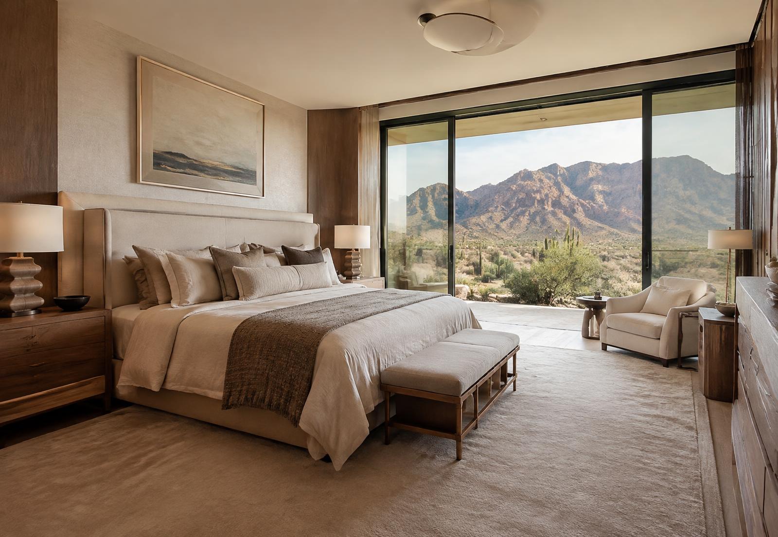 Primary suite with layered neutral fabrics and mountain view